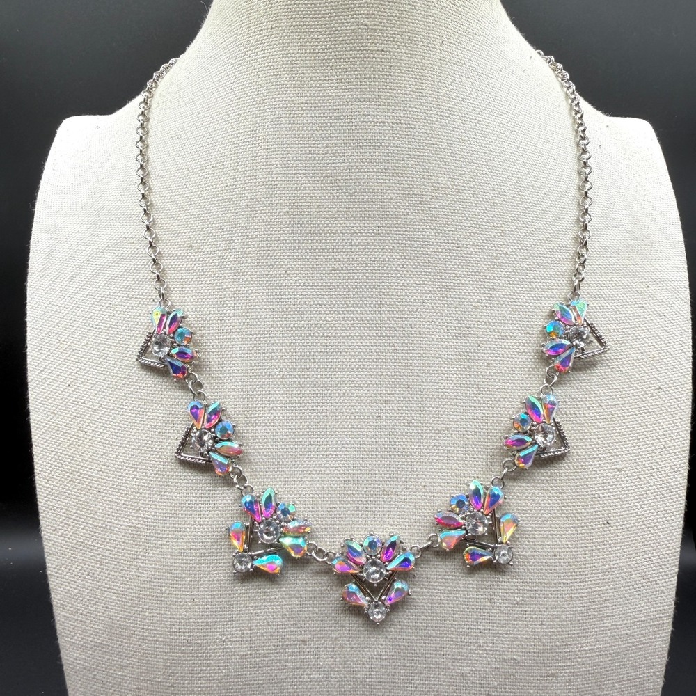 AB Rhinestone Statement Necklace Silver Tone Geometric Triangle Crystal Bib
